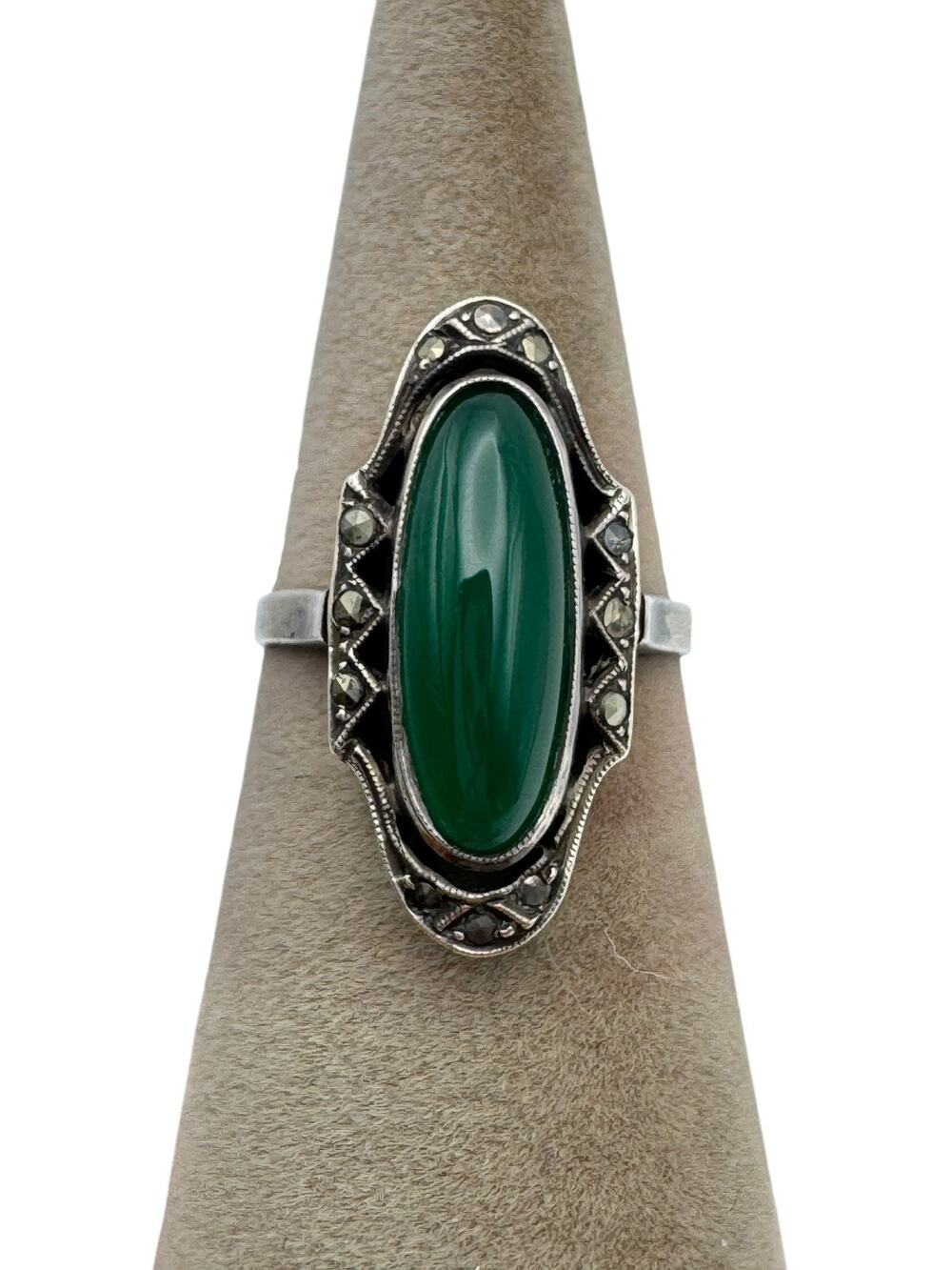 Vintage Art Deco Germany 925 Sterling Silver Marcasite Green Cabochon Ring Sz 5